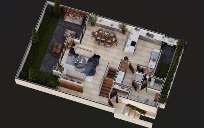 03, Axonometricas casa tipo A, primer nivel con pergola